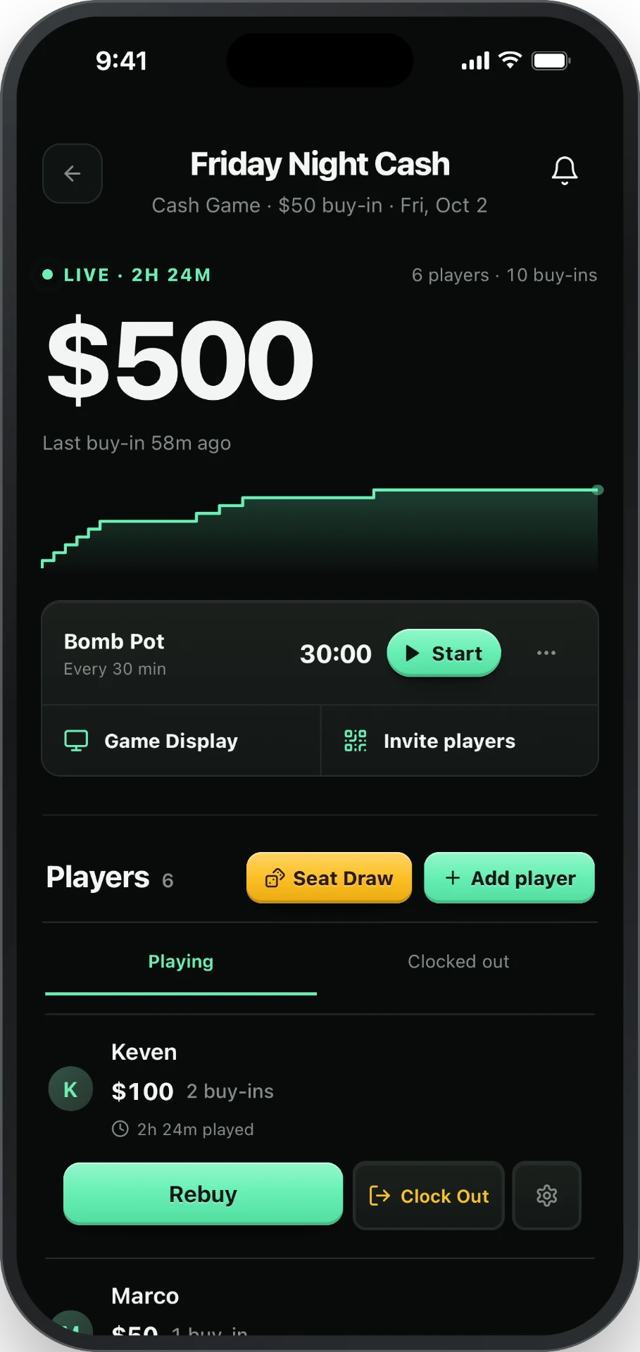 HG Poker live game screen showing the running buy-in total, bomb pot timer, and player list with rebuy controls