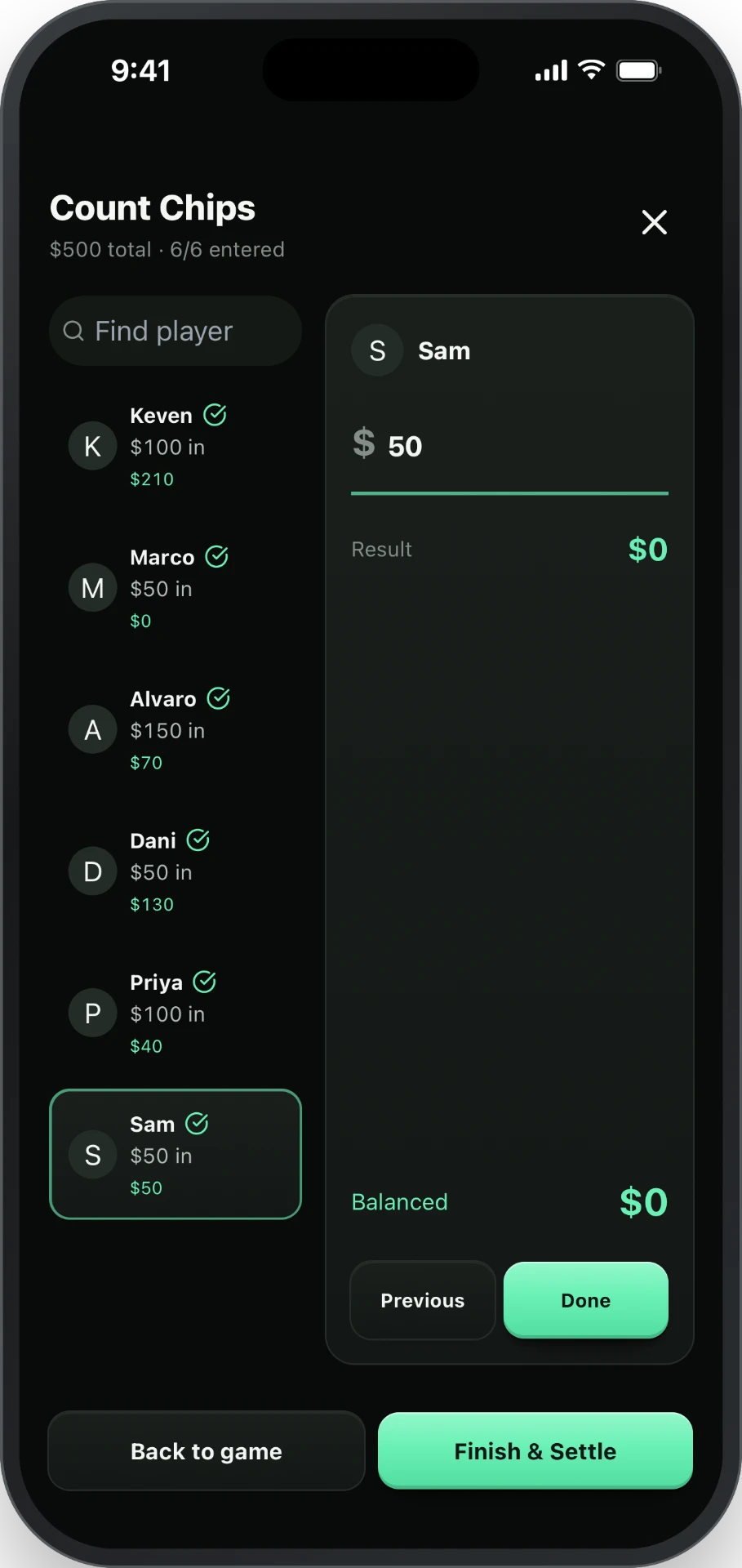 HG Poker count chips screen showing each player's buy-in and result with a balanced total