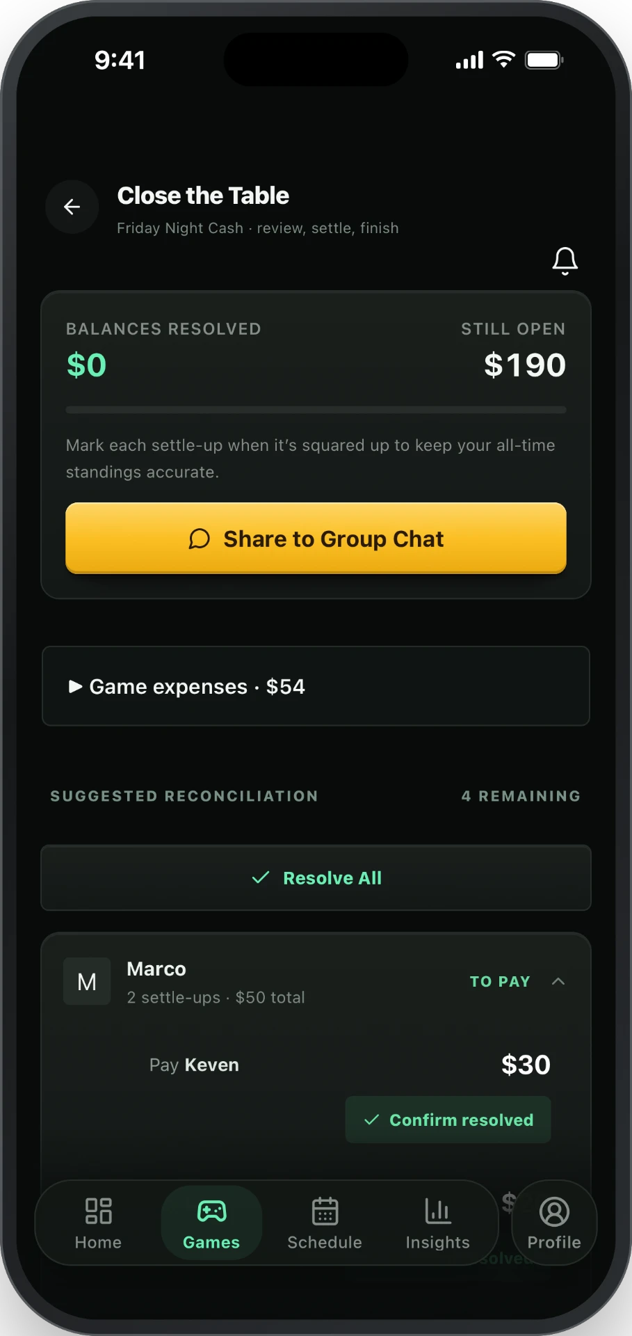 HG Poker close the table screen showing suggested reconciliation and share to group chat